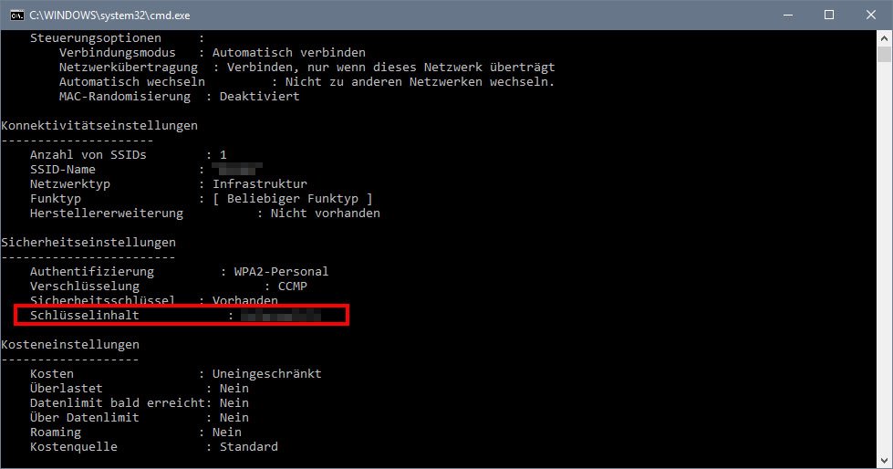 Windows 10: The WLAN key can also be read out in the command prompt.