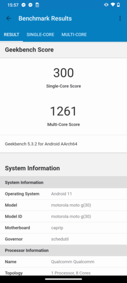 Výsledky benchmarku Geekbench - Motorola moto g30